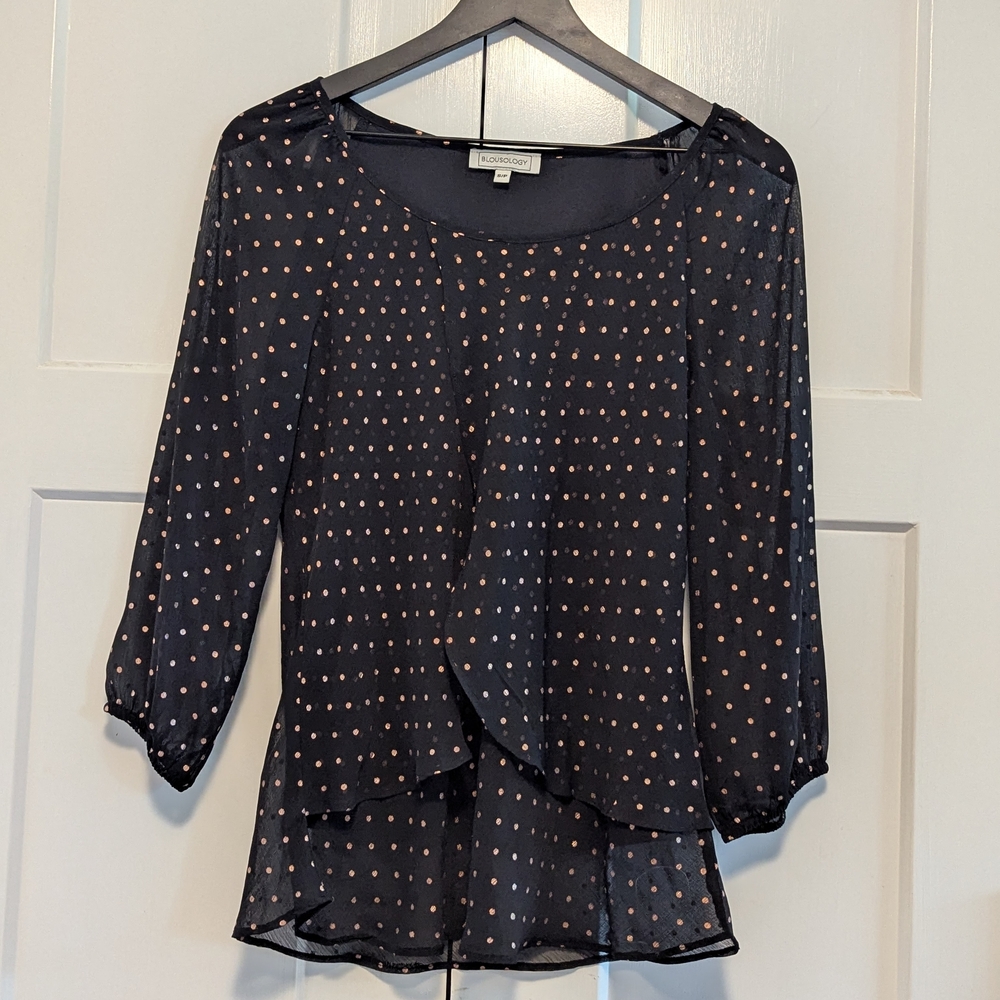 Blousology Flouncy 3/4 Sleeve Blouse Flowy SMALL Feminine Gold Dots Excel Used